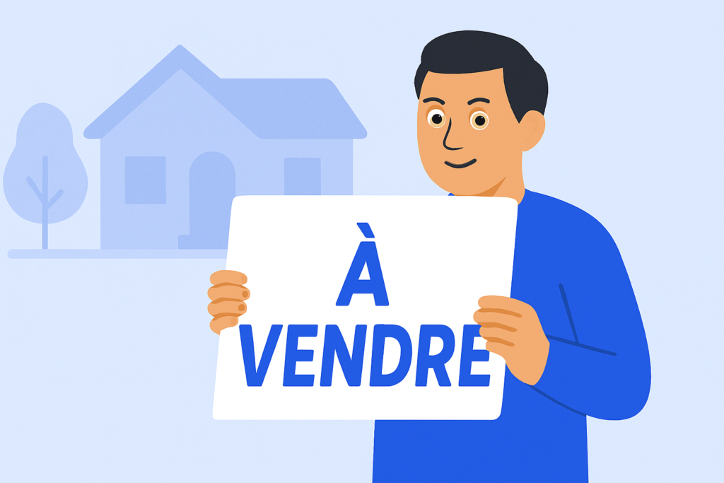 homme debout devant sa maison tenant une pancarte à vendre