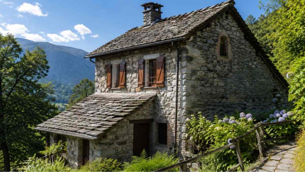 Traditionelles Tessiner Rustico bei Ascona mit Steinfassade und Natursteindach