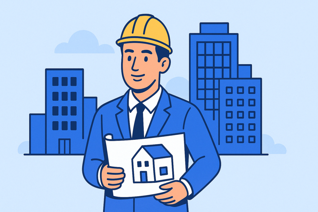 promoteur immobilier devant immeuble tenant plan