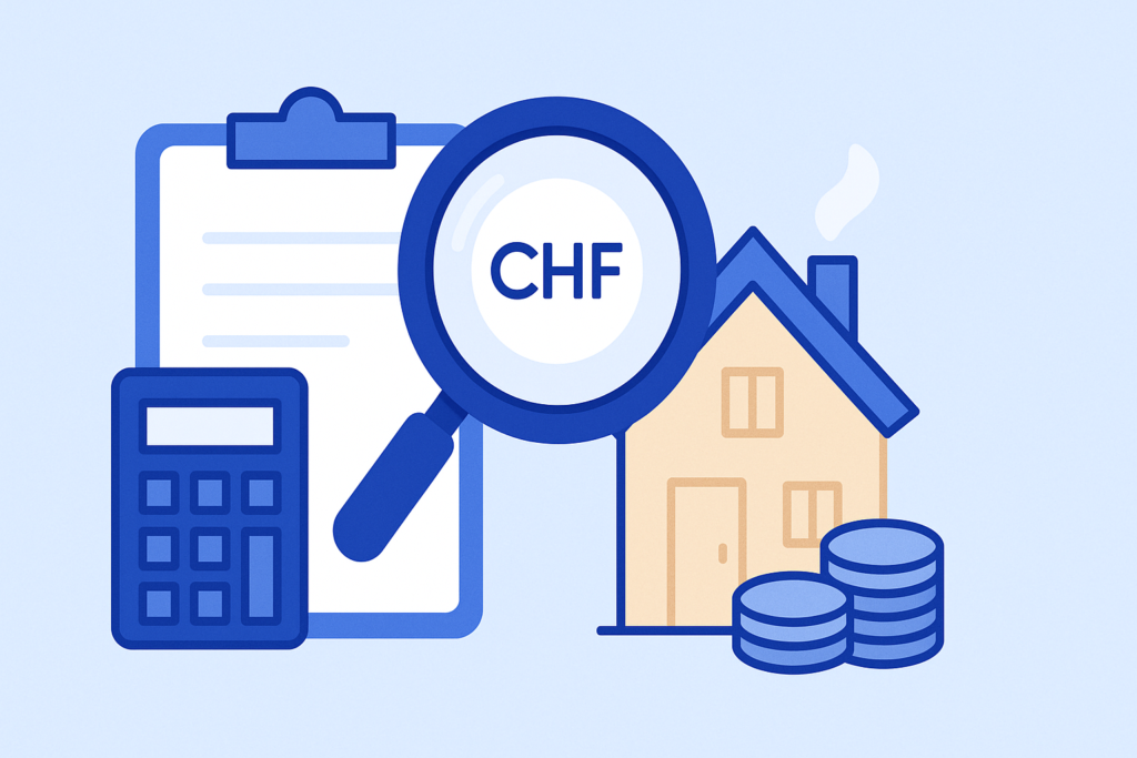 calcul du prêt hypothécaire lors d'un prêt immobilier illustré par maison loupe et calculatrice