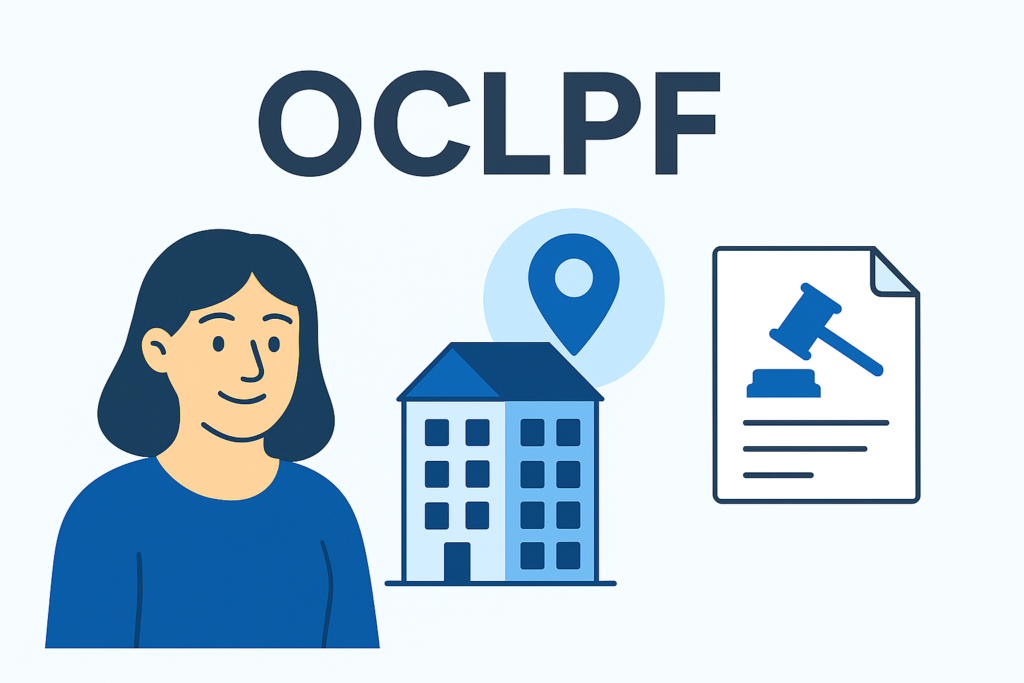 femme devant un bâtiment représentant l'office cantonale du logement et de la planification foncière OCLPF