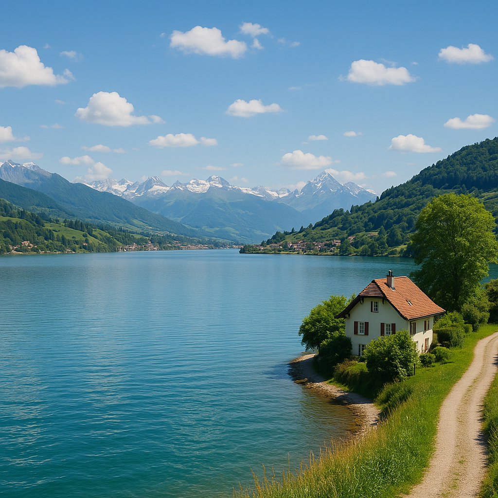 lac au pieds des montagnes suisses avec maisonnette en premier plan